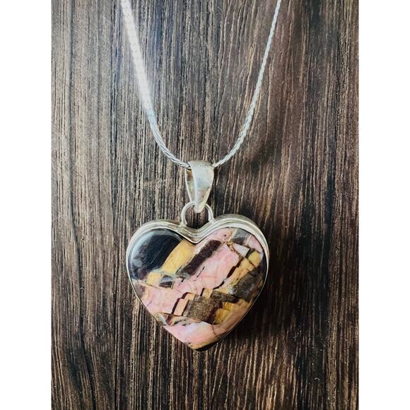 Sterling Silver Argentine Rhodozite Heart Pendant Pink Black Gray 1.5” 15g Boho - Picture 7 of 9